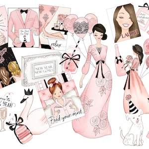 Conjunto PNG de Año Nuevo: Globos de fiesta elegantes, negros y rosados, para tarjetas, pegatinas, POD, sublimación, invitaciones, arte mural y bodas.