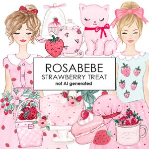 Ensemble PNG de coquettes aux fraises - Graphismes vintage roses et rouges printaniers pour la sublimation, autocollants numériques mignons, décoration murale printanière, utilisation du POD