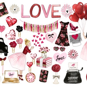 Imágenes prediseñadas de San Valentín, imágenes prediseñadas de planificador, imágenes prediseñadas de amor, imágenes prediseñadas de París, imágenes prediseñadas de boda, imágenes prediseñadas de corazones de acuarela