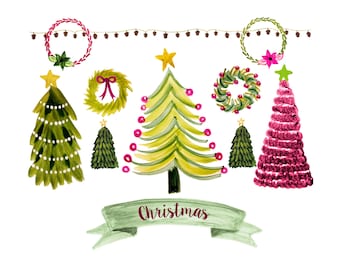 May include: Watercolor illustration of Christmas decorations, including a green Christmas tree with white ornaments, a pink Christmas tree with white ornaments, a green wreath with red berries, a green wreath with a pink bow, and a green banner with the word "Christmas" written in brown.