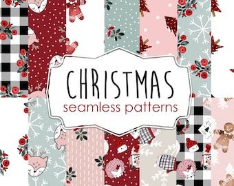 Christmas Digital Papers - Pink, Red, Green Cozy, Poinsettia , Seamless Patterns for Fabric, Wallpaper, iPhone Digital Background, POD