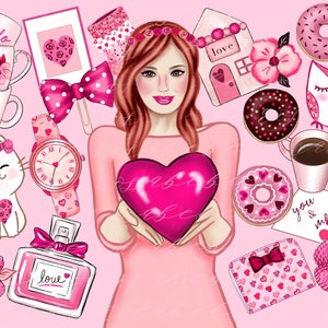 Valentijnsdag png-set – coquette roze strikken, harten, desserts, retro jaren 50, kusjes en ballonnen Clipart voor kaarten, stickers, POD, sublimatie