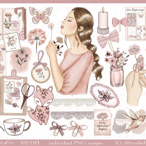 Ensemble de clipart vintage Cottagecore - Romantique élégante dentelle antique rose mauve PNGs indésirables, cartes, autocollants, POD, sublimation, art mural