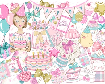 May include: A pink and gold birthday party theme with a girl wearing a pink dress and a pink hat holding a pink cake with candles. There are balloons, presents, cupcakes, and other party decorations.