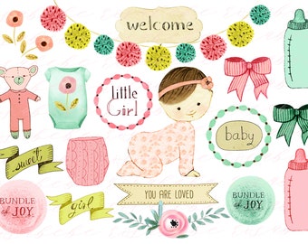 baby girl clipart, baby girl printables, baby girl nursery, baby girl prints, baby girl birth announcement