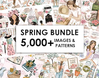 May include: A collage of spring-themed illustrations and patterns. The central text reads "SPRING BUNDLE 5,000+ IMAGES & PATTERNS." The artwork includes images of women, flowers, gardening tools, and decorative elements, all in a soft, pastel color palette.