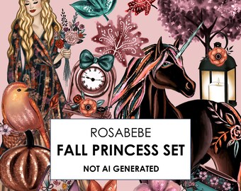 Cottagecore Princess Clipart: Autumn Watercolor Graphics (PNG Download)