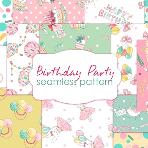 Birthday Digital Papers - Pink Party, Girly, Pastels, Cute Seamless Patterns for Fabric, Wallpaper, Wrapping Paper, iPhone Background, POD