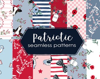 Patriotic Digital Papers - 4th of July, Blue and Read Americana Seamless Patterns for Fabric, Wrapping Paper, iPhone Background, POD