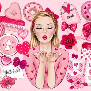 Conjunto PNG de San Valentín: coquetos lazos rosas, corazones, postres, imágenes prediseñadas retro de los años 50, besos y globos para tarjetas, pegatinas, impresión por inyección de tinta y sublimación.