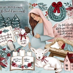 Nativity Christmas Clipart Set – Red and Green Christmas PNGs, Baby Jesus, Manger, Angels, Christmas Clipart for POD, Wall Art, Stickers