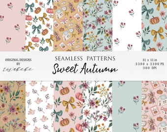 May include: A collection of seamless patterns with an autumn theme. The designs feature pumpkins, bows, flowers, and foxes in various color palettes. The text "Sweet Autumn" is displayed. The image dimensions are 11 x 11 inches.