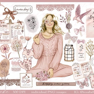 Ensemble de clipart vintage Cottagecore - Romantique élégante dentelle antique rose mauve PNGs indésirables, cartes, autocollants, POD, sublimation, art mural