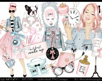 May include: A set of digital illustrations featuring a woman in a blue and white jacket, a pink and white purse, a pink and white cupcake, a clock, a phone, a makeup bag, a pair of sunglasses, a book, a french bulldog, and a mannequin. The illustrations are in a cartoon style and have a pink and blue color scheme.