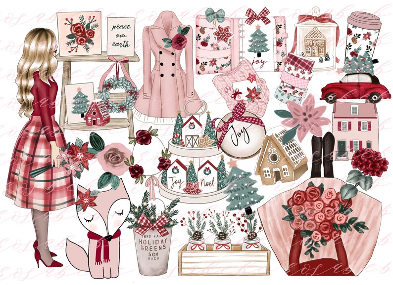 Christmas clipart pink christmas christmas planner stickers christmas planner clipart watercolor christmas clipart