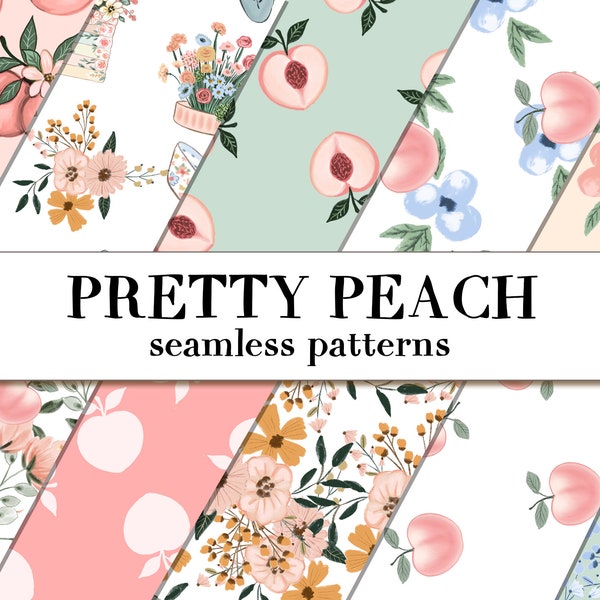 Peach seamless patterns, summer seamless patterns, fruit seamless patterns, picninc seamless patterns