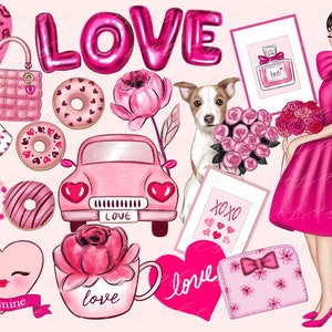 Valentijnsdag png-set – coquette roze strikken, harten, desserts, retro jaren 50, kusjes en ballonnen Clipart voor kaarten, stickers, POD, sublimatie