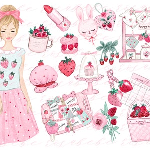 Ensemble PNG de coquettes aux fraises - Graphismes vintage roses et rouges printaniers pour la sublimation, autocollants numériques mignons, décoration murale printanière, utilisation du POD