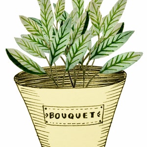 May include: A hand-drawn illustration of a potted plant with green leaves. The pot is yellow and has a label that says "BOUQUET".