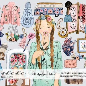 Boho Spring PNG Set - graphiques bleus et roses vintage, fleurs sauvages, cliparts pour sublimation, autocollants numériques, art mural Boho Decor, utilisation POD