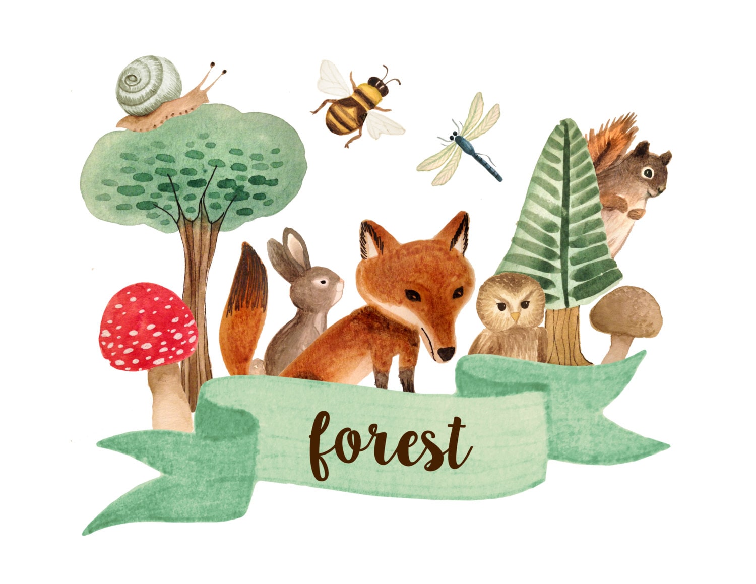 Forest clipart, forest watercolor clipart, fox clipart, bunny clipart