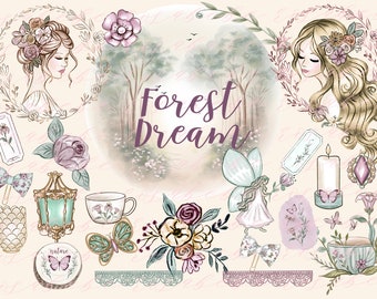 Fairy Clipart Forest Watercolor Spring Clipart Floral Digital Art Stickers Spring Wall Art Printable Fairy Sublimation