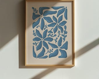 Blue Abstract Floral Wall Art, Minimalist Botanical Print, Modern Scandinavian Living Room Decor, Instant Printable Download