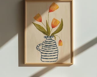 Minimalistische tulpenkunstprint, bloemenvaasillustratie, lente wanddecoratie, instant download