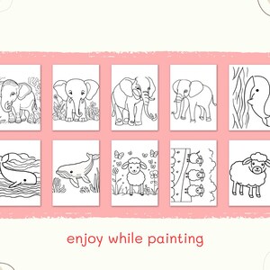 Puede incluir: Una colecci&oacute;n de diez p&aacute;ginas para colorear con varios animales, incluyendo elefantes, ballenas y ovejas. Las p&aacute;ginas est&aacute;n delineadas en blanco y negro, listas para colorear. La frase "enjoy while painting" est&aacute; escrita en rojo en la parte inferior.
