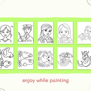 Puede incluir: Una colecci&oacute;n de diez p&aacute;ginas para colorear con ilustraciones en blanco y negro de personas y criaturas fant&aacute;sticas. Las im&aacute;genes est&aacute;n dispuestas en una cuadr&iacute;cula y rodeadas por un borde verde. El texto "enjoy while painting" est&aacute; en la parte inferior.