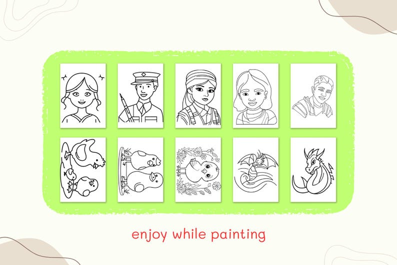 Puede incluir: Una colecci&oacute;n de diez p&aacute;ginas para colorear con ilustraciones en blanco y negro de personas y criaturas fant&aacute;sticas. Las im&aacute;genes est&aacute;n dispuestas en una cuadr&iacute;cula y rodeadas por un borde verde. El texto "enjoy while painting" est&aacute; en la parte inferior.