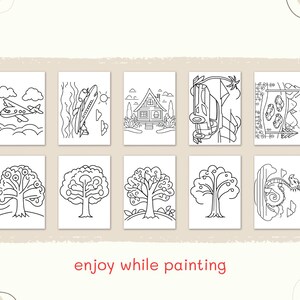 Puede incluir: Una colecci&oacute;n de diez p&aacute;ginas para colorear en blanco y negro con varias ilustraciones, incluyendo un avi&oacute;n, &aacute;rboles y una casa. La frase "enjoy while painting" est&aacute; escrita en rojo en la parte inferior.