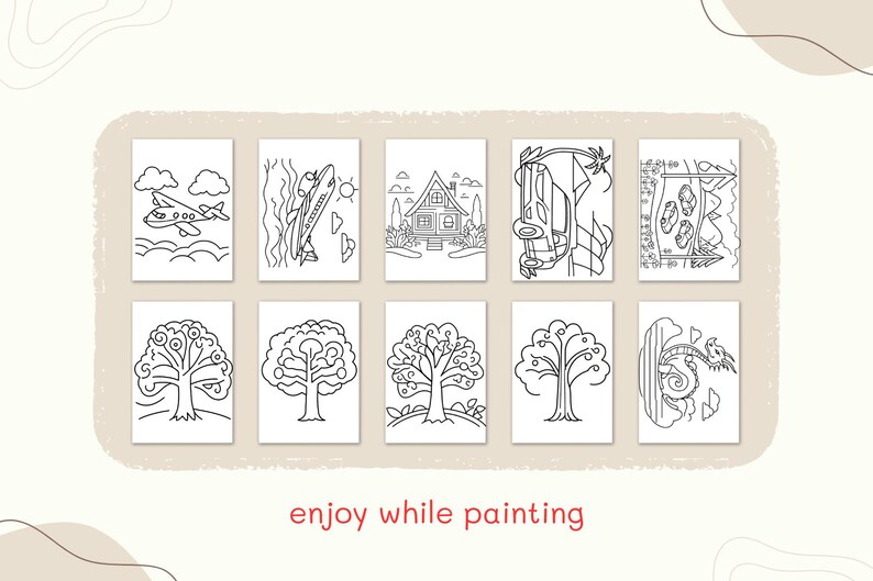 Puede incluir: Una colecci&oacute;n de diez p&aacute;ginas para colorear en blanco y negro con varias ilustraciones, incluyendo un avi&oacute;n, &aacute;rboles y una casa. La frase "enjoy while painting" est&aacute; escrita en rojo en la parte inferior.