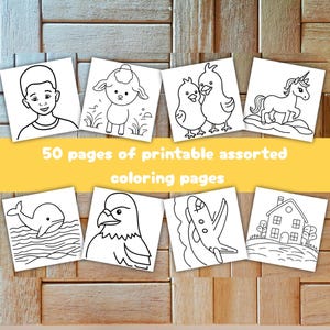 Puede incluir: P&aacute;ginas para colorear imprimibles variadas con un ni&ntilde;o, un cordero, pollitos, un unicornio, una ballena, un &aacute;guila, un caim&aacute;n y una casa. El texto dice "50 p&aacute;ginas de p&aacute;ginas para colorear surtidas imprimibles".