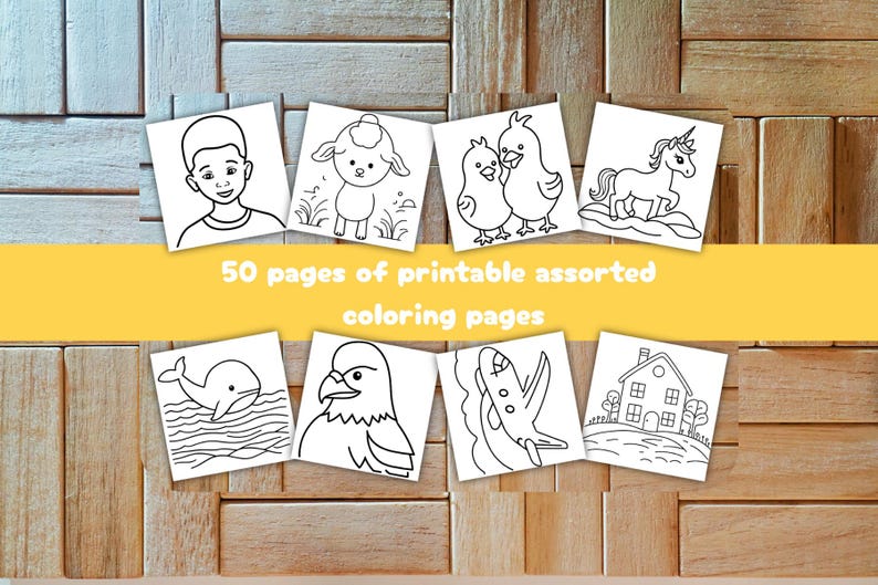 Puede incluir: P&aacute;ginas para colorear imprimibles variadas con un ni&ntilde;o, un cordero, pollitos, un unicornio, una ballena, un &aacute;guila, un caim&aacute;n y una casa. El texto dice "50 p&aacute;ginas de p&aacute;ginas para colorear surtidas imprimibles".