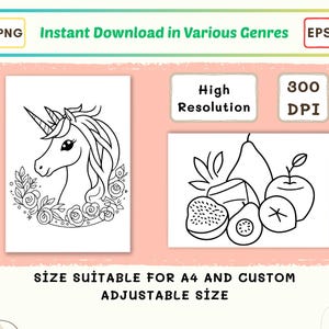Puede incluir: Descarga digital con ilustraciones en blanco y negro de un unicornio y frutas. El texto incluye: "Descarga instant&aacute;nea en varios g&eacute;neros", "Alta resoluci&oacute;n", "300 DPI" y "Tama&ntilde;o adecuado para A4 y tama&ntilde;o ajustable personalizado". Formatos: SVG, PNG, EPS y DXF.