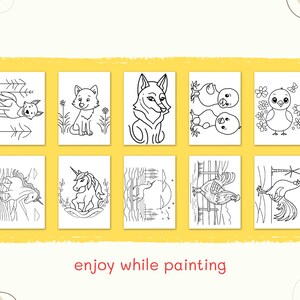 Puede incluir: Una colecci&oacute;n de diez p&aacute;ginas para colorear con varios animales y escenas, incluyendo un gato, un zorro, un lobo, pollitos y un unicornio. Las p&aacute;ginas est&aacute;n delineadas en blanco y negro, listas para colorear. El texto "enjoy while painting" est&aacute; en la parte inferior.