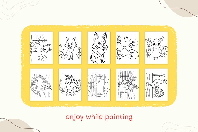 Puede incluir: Una colecci&oacute;n de diez p&aacute;ginas para colorear con varios animales y escenas, incluyendo un gato, un zorro, un lobo, pollitos y un unicornio. Las p&aacute;ginas est&aacute;n delineadas en blanco y negro, listas para colorear. El texto "enjoy while painting" est&aacute; en la parte inferior.