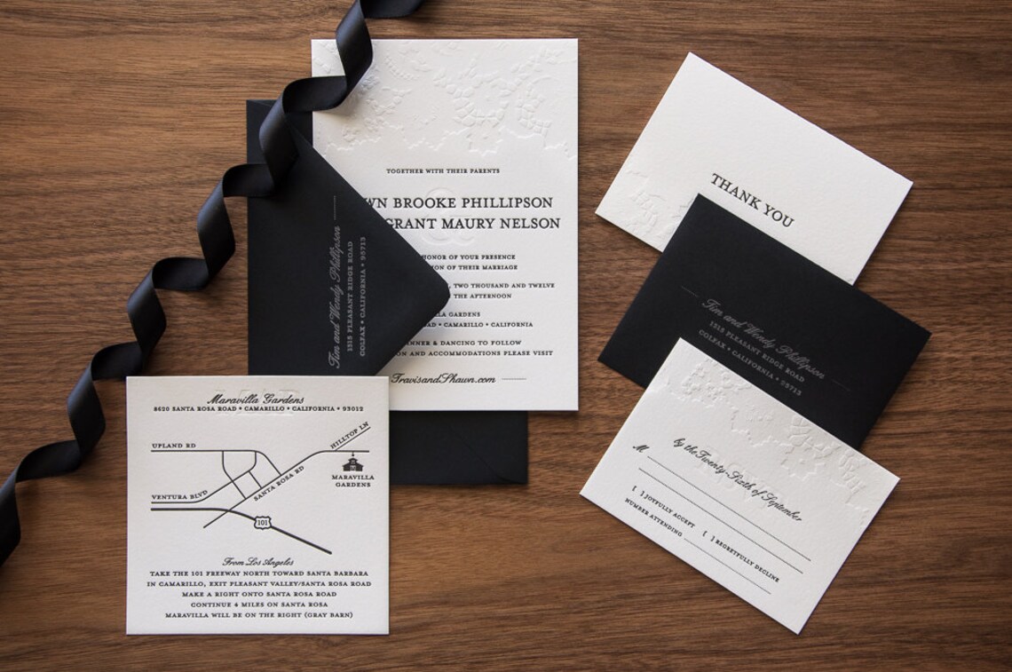 Black &amp; White Letterpress Wedding Invitation Suite | Etsy