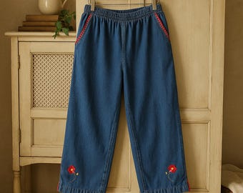 Vintage 90s Embroidered Denim Pants – Floral Boho Cottagecore, Size XL