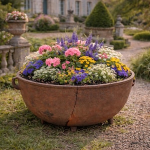 May include: A large, weathered, rusty-brown metal planter filled with a vibrant assortment of colorful flowers. The flowers include pink, purple, yellow, and white blooms. The planter has a round shape with handles and sits on short legs, placed in a garden setting.