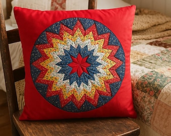 Vintage Quilted Star Pillow – 12” Red Patchwork Cushion, Country Farmhouse Americana Decor