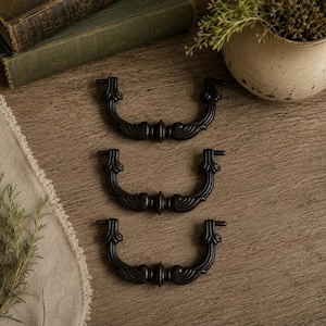 Set of 3 Vintage Bail Drawer Pulls, Antique Brass Cabinet Handles, French Provincial Dresser Hardware, Ornate Furniture Pulls, 4 Inch