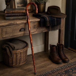 May include: A wooden walking cane with a curved handle stands in front of a wooden table. The cane is a rich brown color with a textured design. A brown hat, scarf, and boots are on the table. A wicker basket and books are also visible.