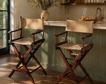 Pier 1 Director Chairs Set of 2, Bar Height Folding Chairs 32” Seat, Wooden Canvas Counter Stools, Kitchen Island Seating