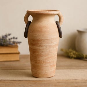 May include: A terracotta vase with two handles and dark brown rings. The vase has a cylindrical shape with a wide mouth and a textured surface. The vase is a light brown color and is sitting on a wooden surface.