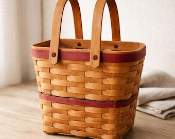 Vintage 1991 Longaberger Basket with Double Handles | Handwoven Ohio Basket | Farmhouse Cottage Decor(Read)