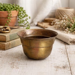 May include: A vintage brass planter with a rounded base and flared rim. The planter has a warm, aged patina, suggesting it's been used for some time. The background includes a terracotta pot with a trailing plant, books, and other decorative elements.