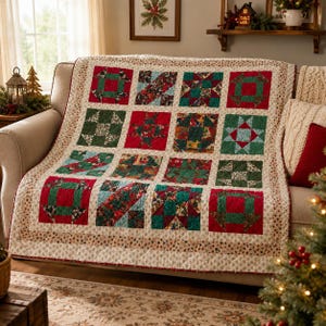 May include: A patchwork quilt featuring a grid of sixteen square blocks in shades of red, green, and cream. The quilt has a cream-colored border with a small floral pattern and is draped over a sofa, showcasing various geometric fabric designs.