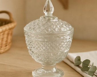 Vintage Pressed Glass Lidded Candy Dish / Compote — Diamond Pattern — 5” Tall